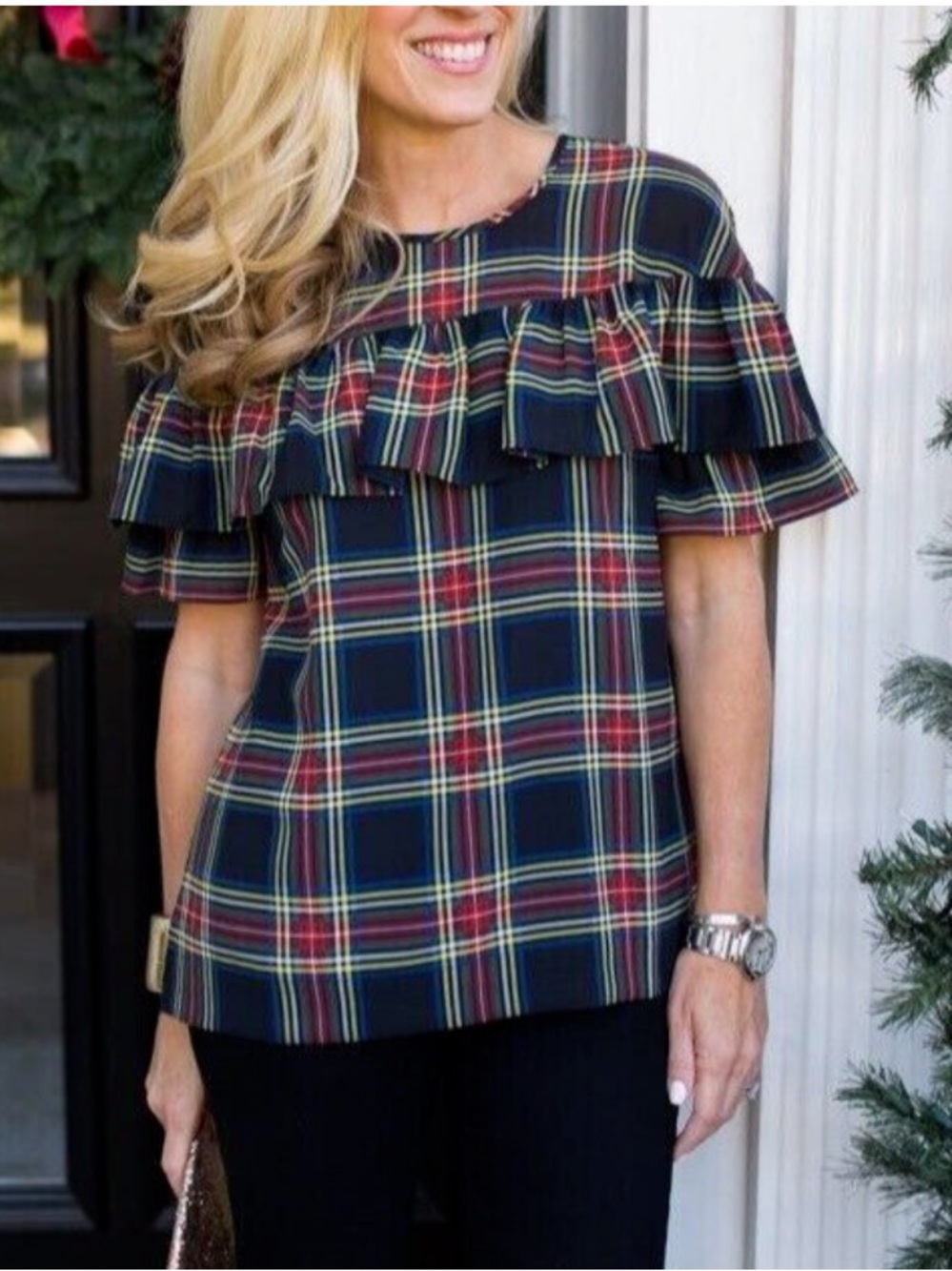J. Crew Edie Stewart Tartan Plaid Ruffle Popover Chiffon Blouse Preppy Black 10